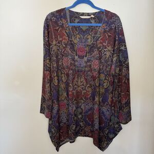 Soft Surroundings Top Women XL Dark Floral Paisley Knit Tunic Hanky Hem Boho